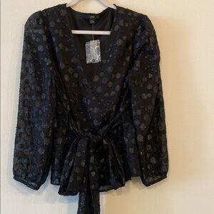 J. Crew Black Long Sleeve Wrap Blouse with Tie Front